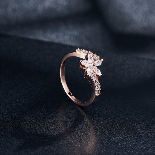 Crystal and Cubic Zirconia Clover Ring, statement rings for women, botanical inspired, side view