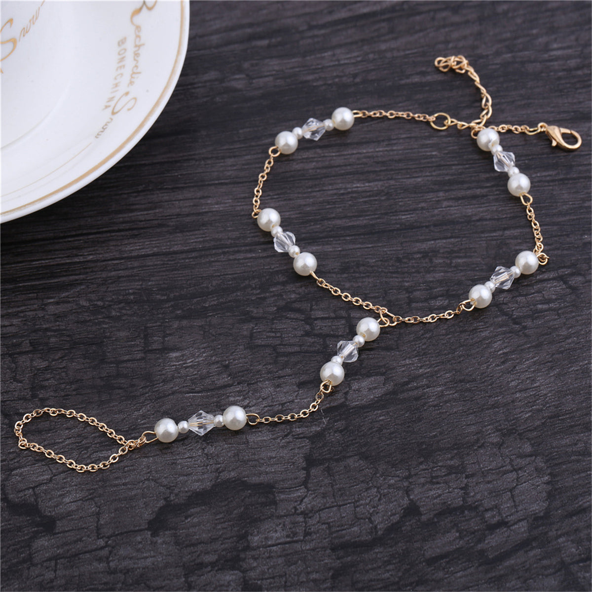 Pearl and 18K Gold-Plated Ankle-To-Toe Ring Station Anklet, gold statement rings for women, detail close-up