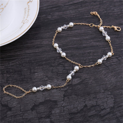 Pearl and 18K Gold-Plated Ankle-To-Toe Ring Station Anklet, gold statement rings for women, detail close-up