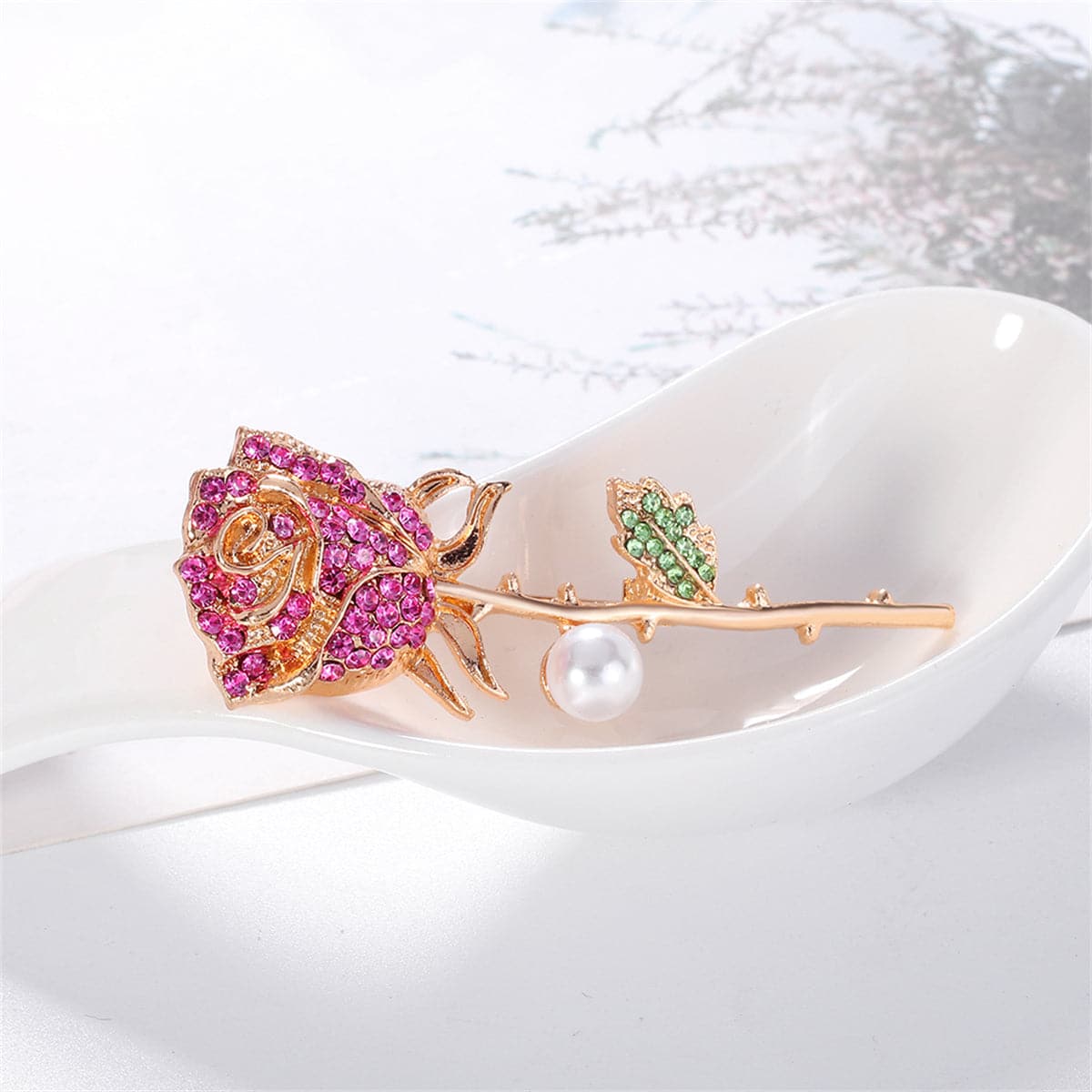 Pink Cubic Zirconia and Pearl Rose Brooch, brooch pin, botanical inspired, lifestyle look