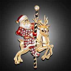 Cubic Zirconia & 18K Gold-Plated Santa Claus & Reindeer Brooch