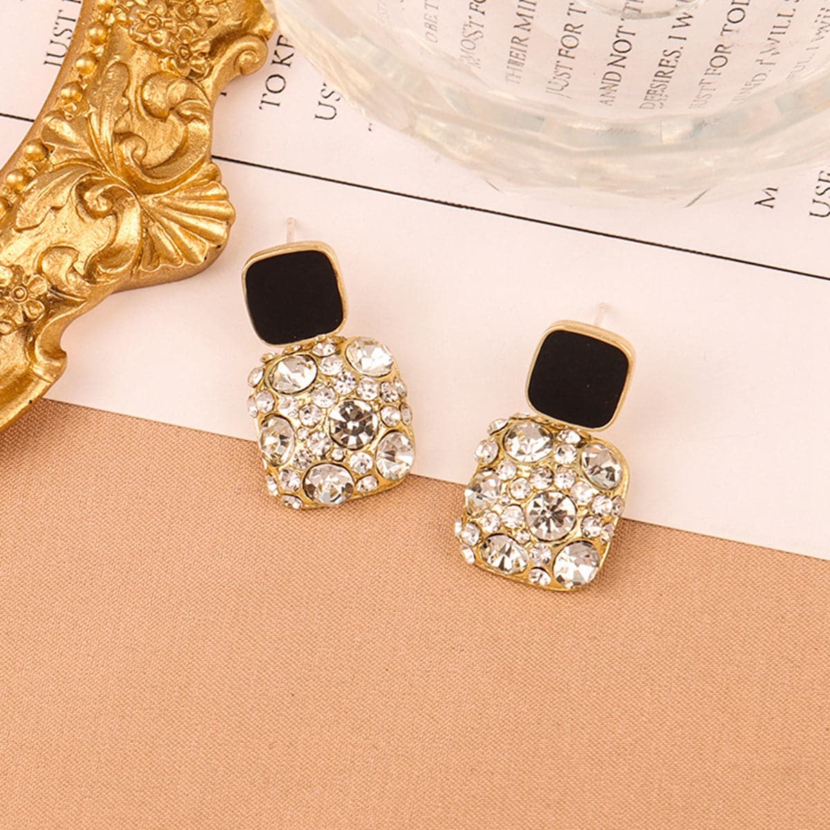 Cubic Zirconia & Black Square Drop Earrings