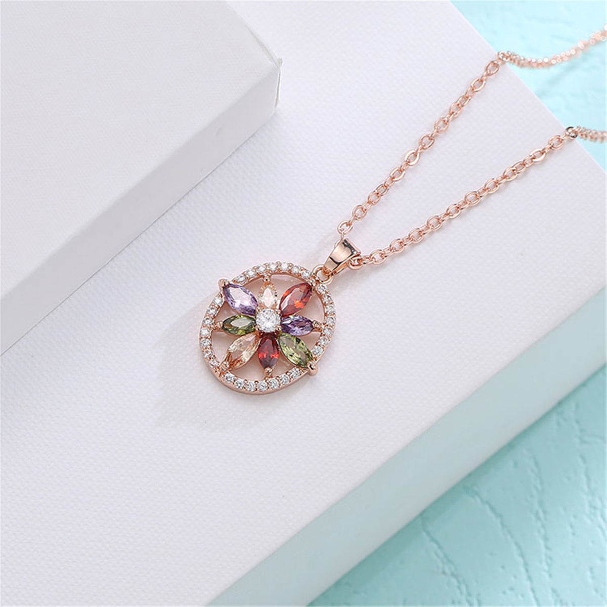 Multicolor Crystal and Cubic Zirconia Flower Halo Pendant Necklace, pendant necklace for women, detail close-up