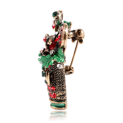 Red Cubic Zirconia and Enamel 18K Gold-Plated Christmas Boots Brooch, gold brooch pin, everyday style, side view