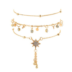 Cubic Zirconia & 18K Gold-Plated Sun Tassel-Accent Anklet Set