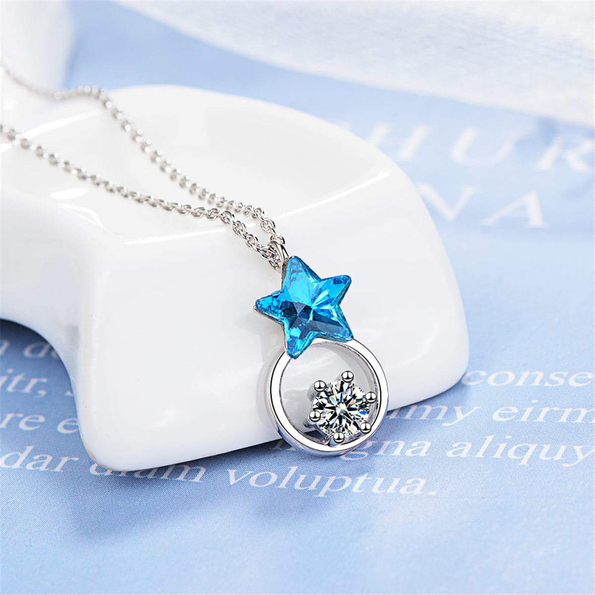 Blue Crystal & cubic zirconia Star Ring Pendant Necklace - streetregion