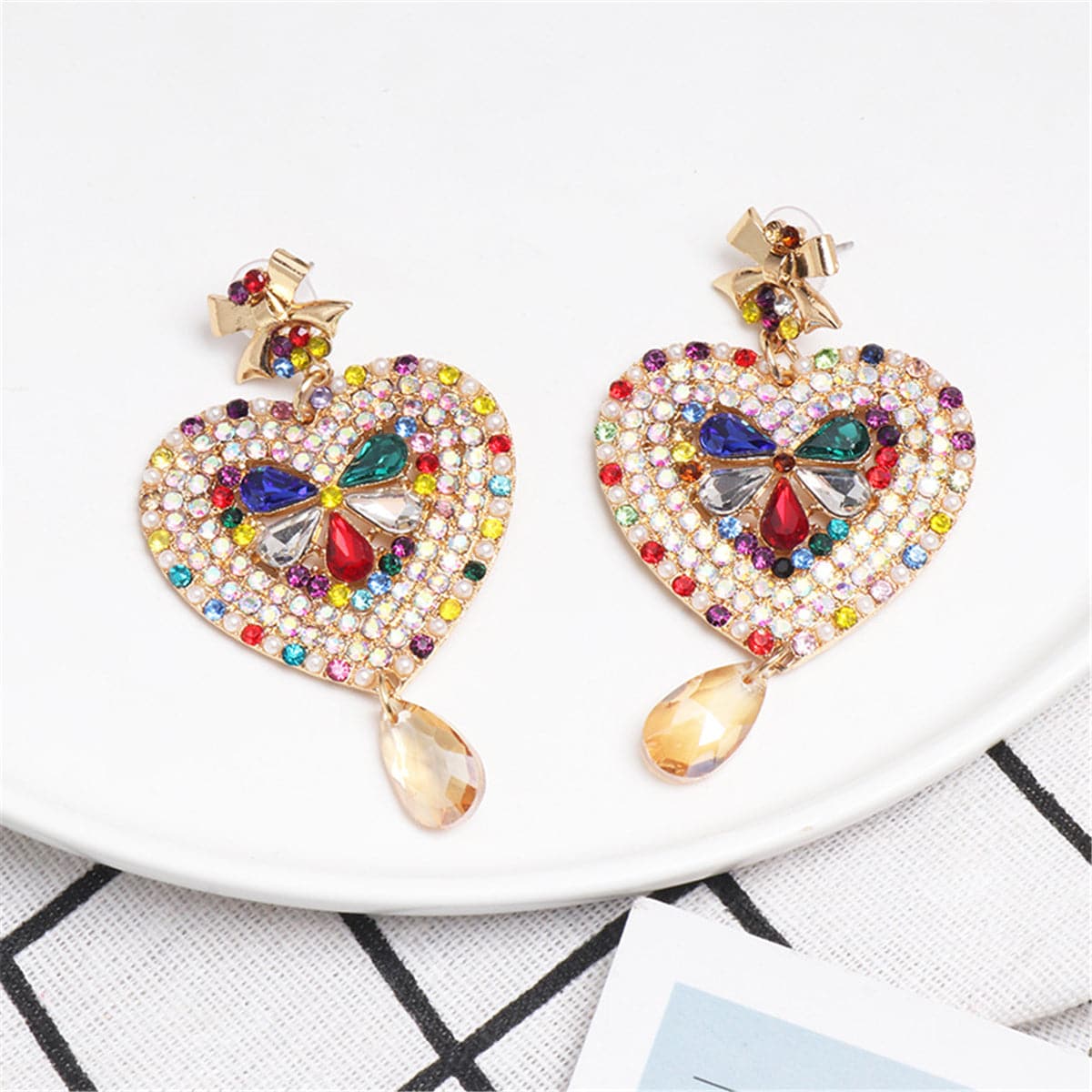 Rainbow Crystal & Cubic Zirconia Pearl Heart Drop Earrings