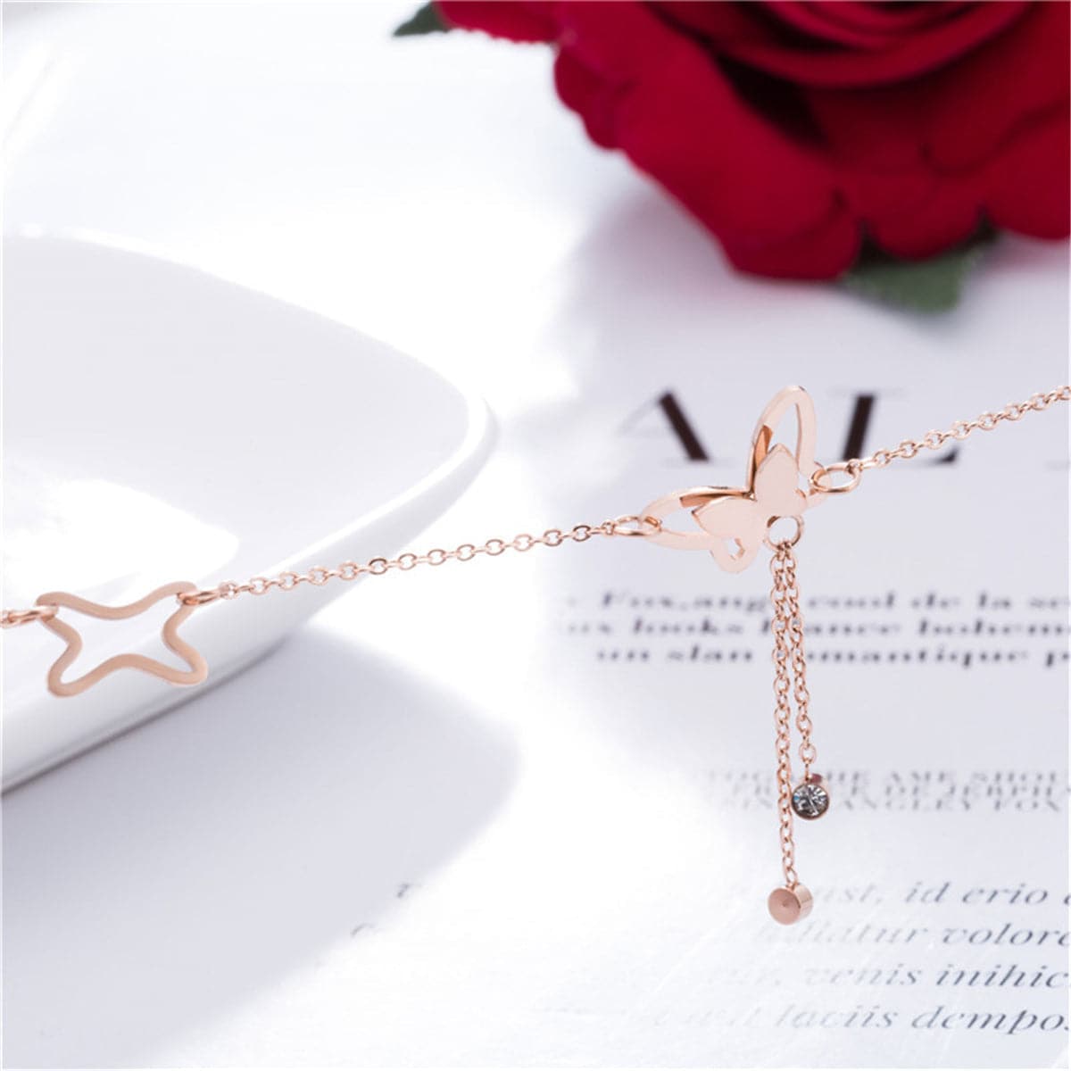 Cubic Zirconia & 18K Rose Gold-Plated Butterfly Charm Anklet