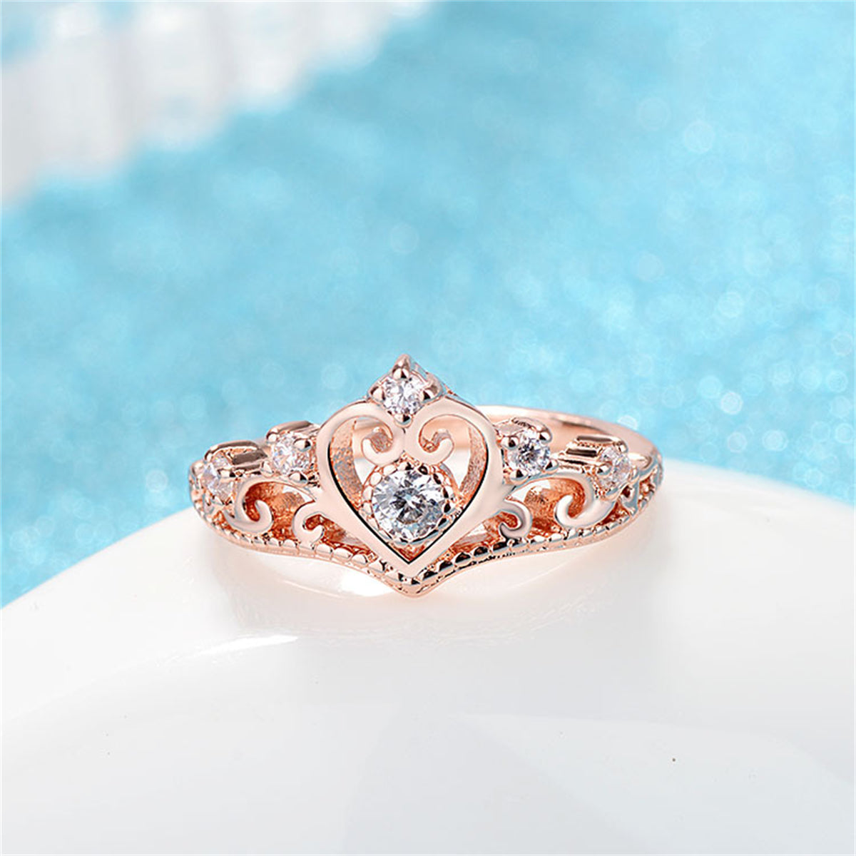Crystal and Cubic Zirconia 18K Rose Gold-Plated Crown Ring, rose gold statement rings for women, detail close-up