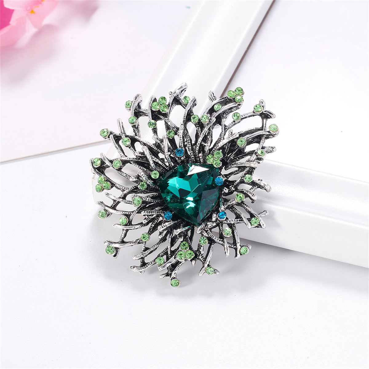 Green Crystal and Silver-Plated Flower Brooch, silver brooch pin, dainty minimalist design, side view