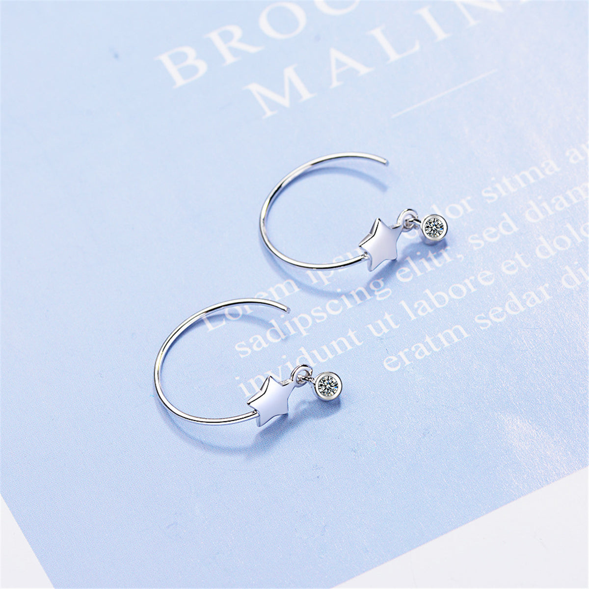Cubic Zirconia and Silver-Plated Star Hoop Earrings, silver drop earrings for women, detail close-up