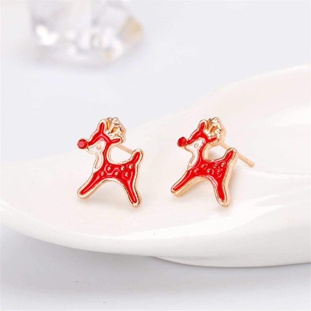 Cubic Zirconia & Enamel 18K Gold-Plated Red Nose Reindeer Stud Earrings