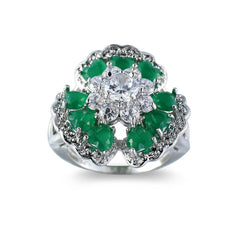 Green & White Cubic Zirconia Ornate Floral Ring