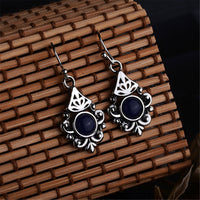 Retro Blue Crystal & Silver-Plated Filigree Drop Earrings