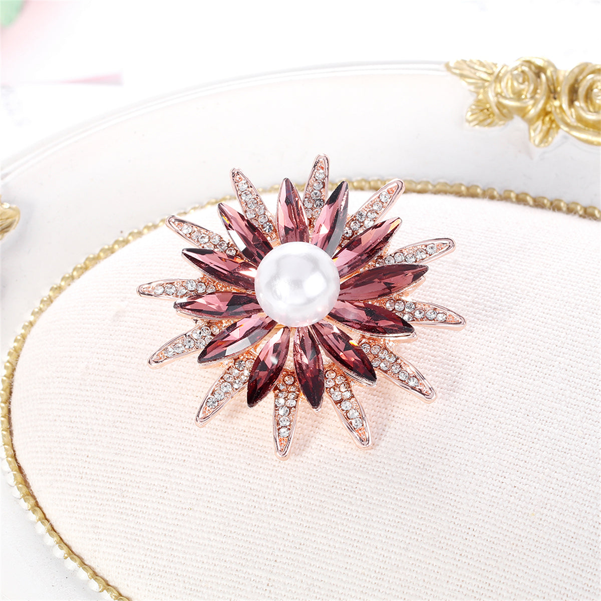 Red Crystal and Cubic Zirconia Pearl Flower Brooch, brooch pin, botanical inspired, front view