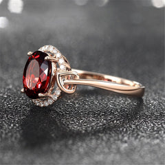 Red Cubic Zirconia & 18k Rose Gold-Plated Halo Oval Ring - streetregion
