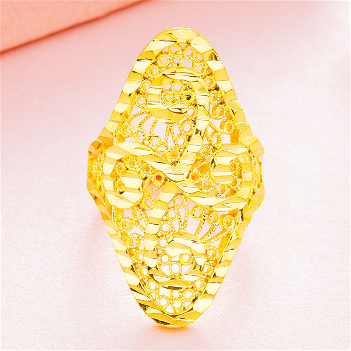 18K Gold-Plated Filigree Adjustable Bypass Ring, gold statement rings for women, elegant gift for her, detail close-up