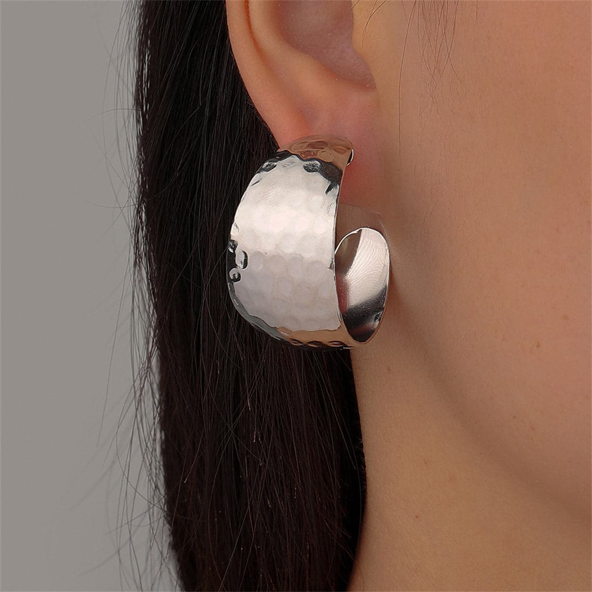 Silver-Plated Fish Scales C-Huggie Earrings, silver huggie earrings, botanical inspired, detail close-up