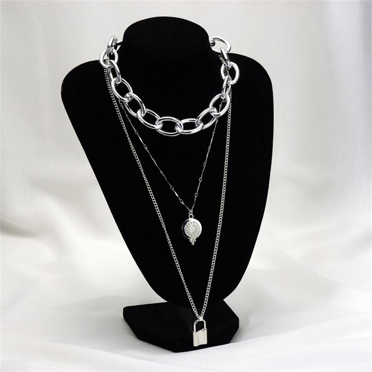 Moonstone and Silver-Plated Latch Pendant Layered Necklace, silver pendant necklace for women, detail close-up