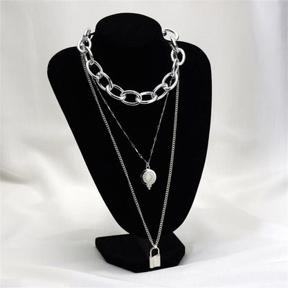 Moonstone and Silver-Plated Latch Pendant Layered Necklace, silver pendant necklace for women, detail close-up
