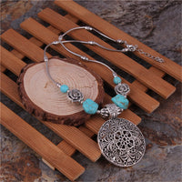 Simulated Turquoise & Silver-Plated Floral Plate Pendant Necklace