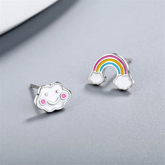 White Cloud & Rainbow Asymmetrical Stud Earrings