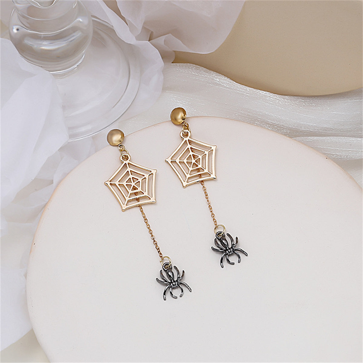 Two-Tone Spider & Web Drop Earrings