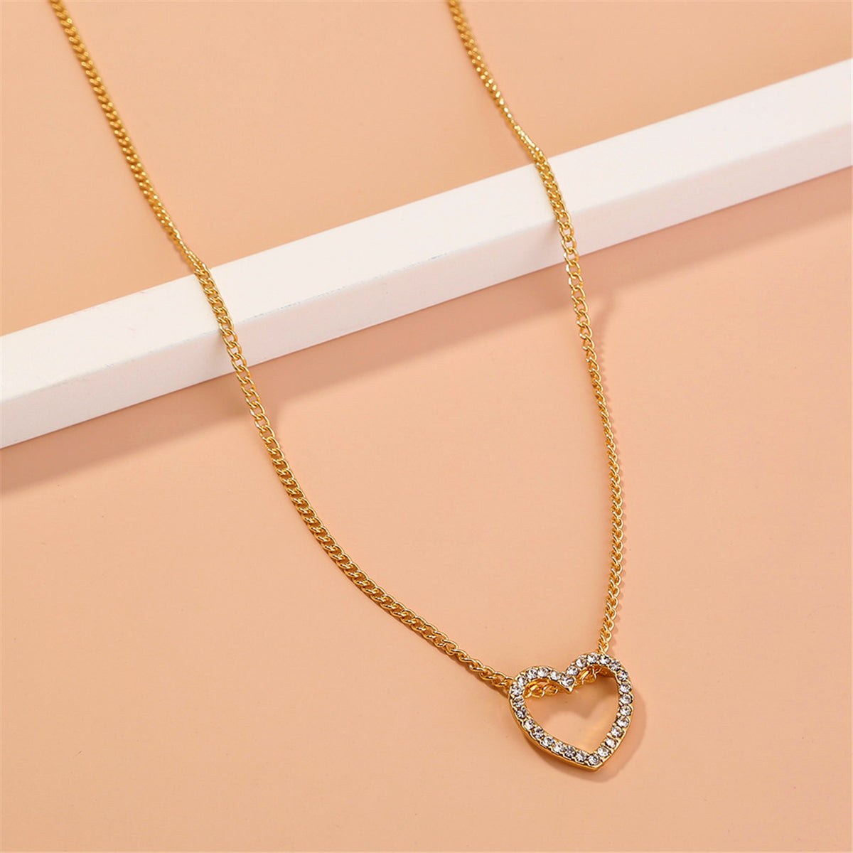 Cubic Zirconia and 18K Gold-Plated Open Heart Pendant Necklace, gold pendant necklace for women, everyday style, front view