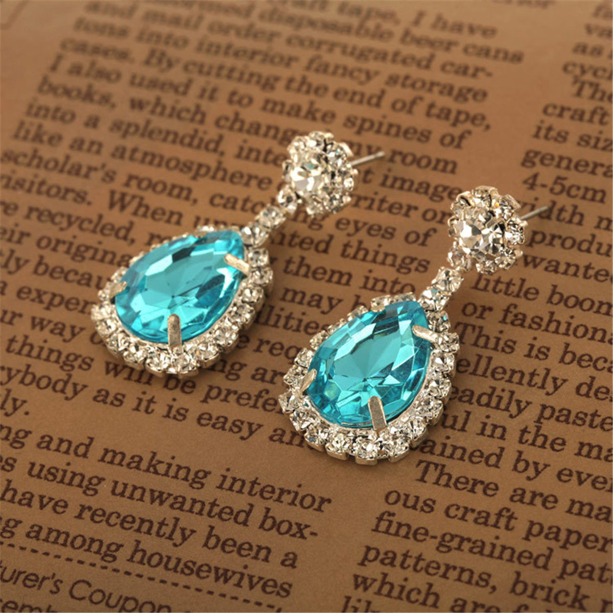 Blue Crystal and Cubic Zirconia Drop Earrings and Statement Necklace, drop earrings for women, detail close-up