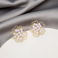 Pearl & 18k Gold-Plated Stacked Openwork Floral Stud Earrings