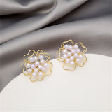 Pearl & 18k Gold-Plated Stacked Openwork Floral Stud Earrings