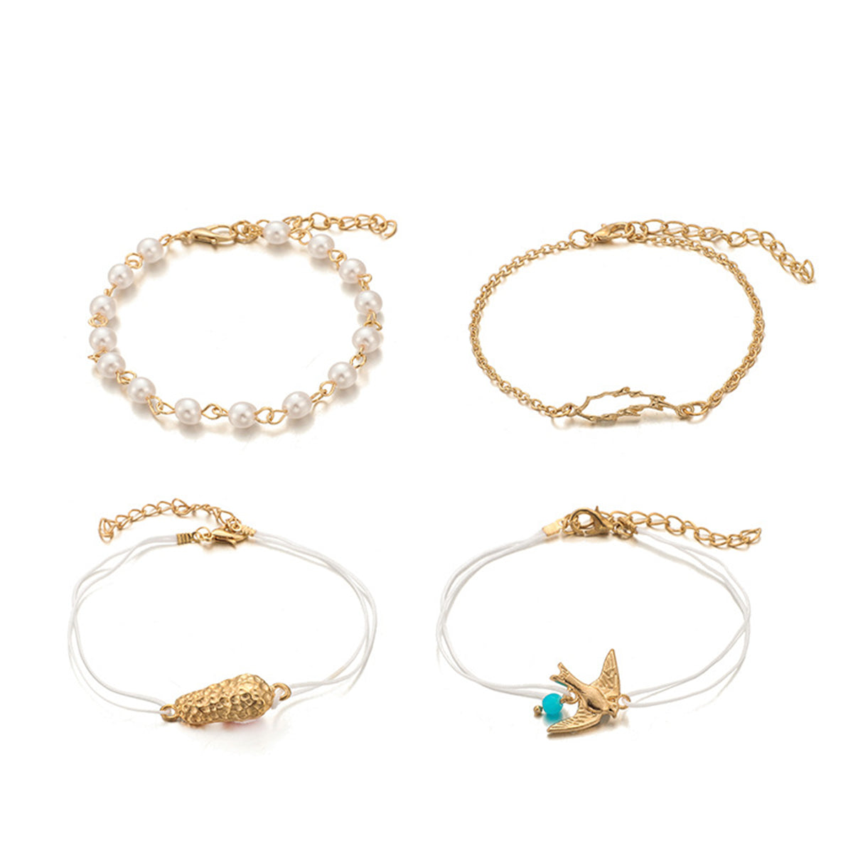 Pearl & Turquoise Bird Charm Anklet Set