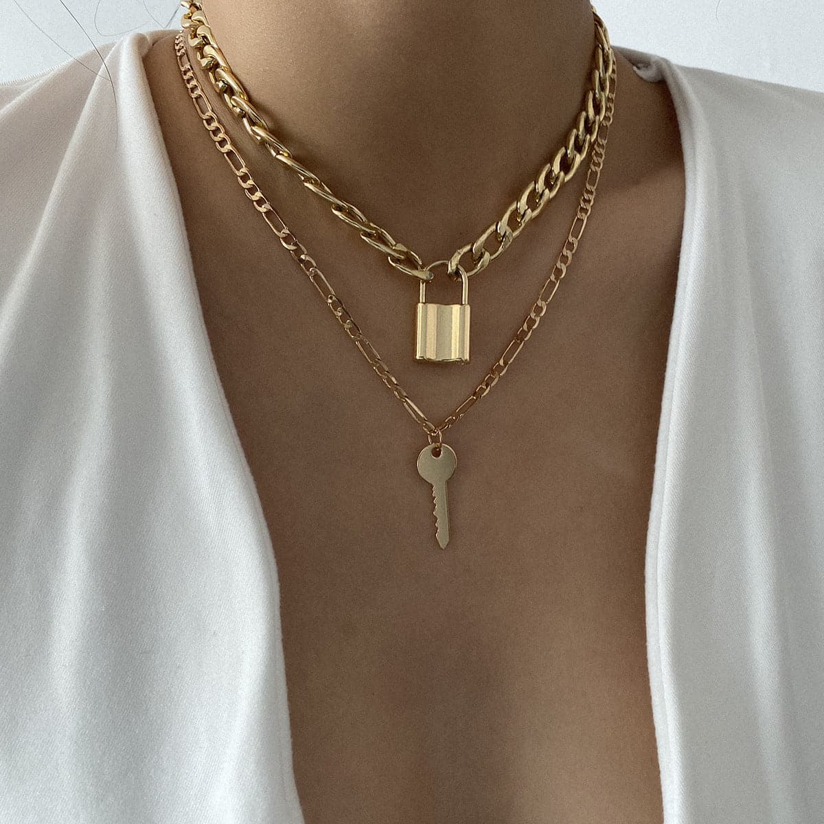 18K Gold-Plated Lock & Key Pendant Necklace Set