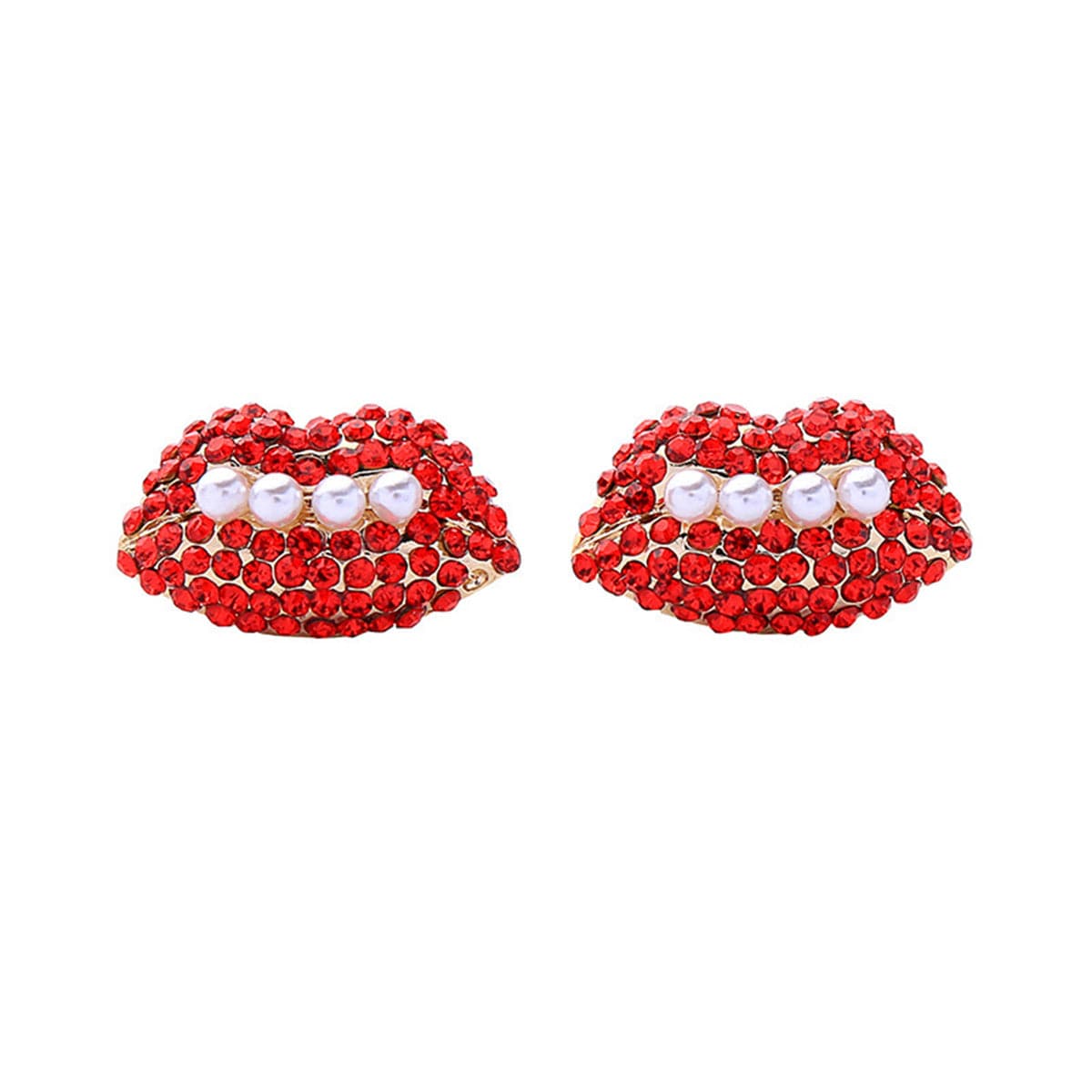 Imitation Pearl & Red cubic zirconia Lips Stud Earrings - streetregion