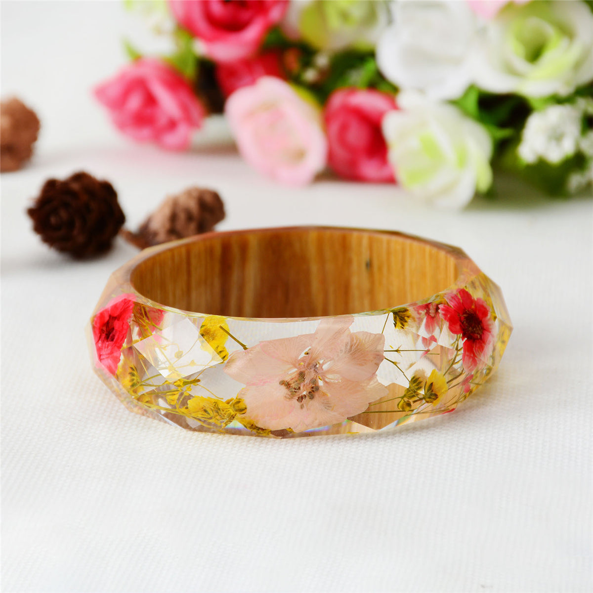 Pink and Yellow Dried Flower Wooden Bangle, bangle bracelet, botanical inspired, front view