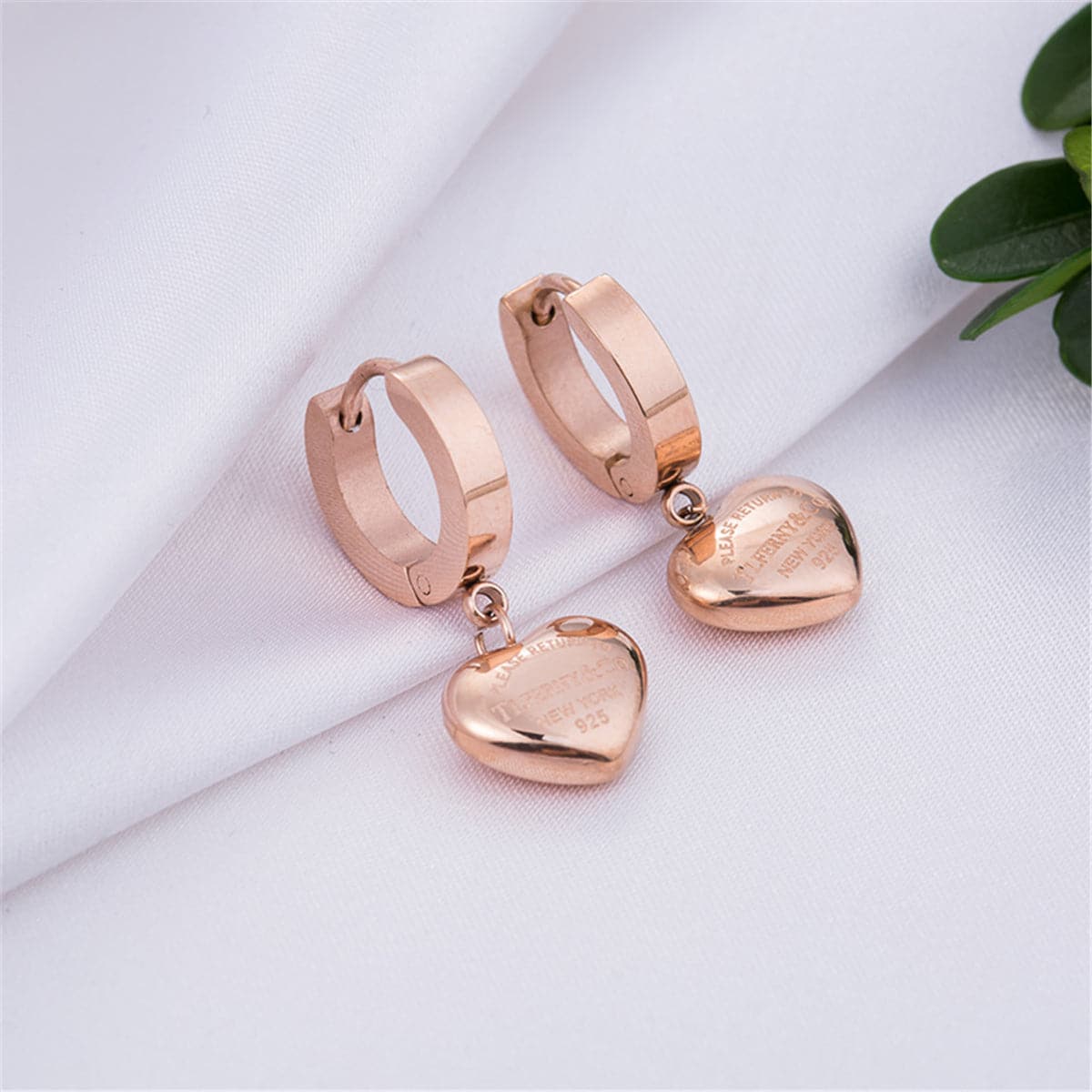 18K Rose Gold-Plated Heart Drop Earrings, rose gold drop earrings for women, vintage-inspired design, lifestyle look