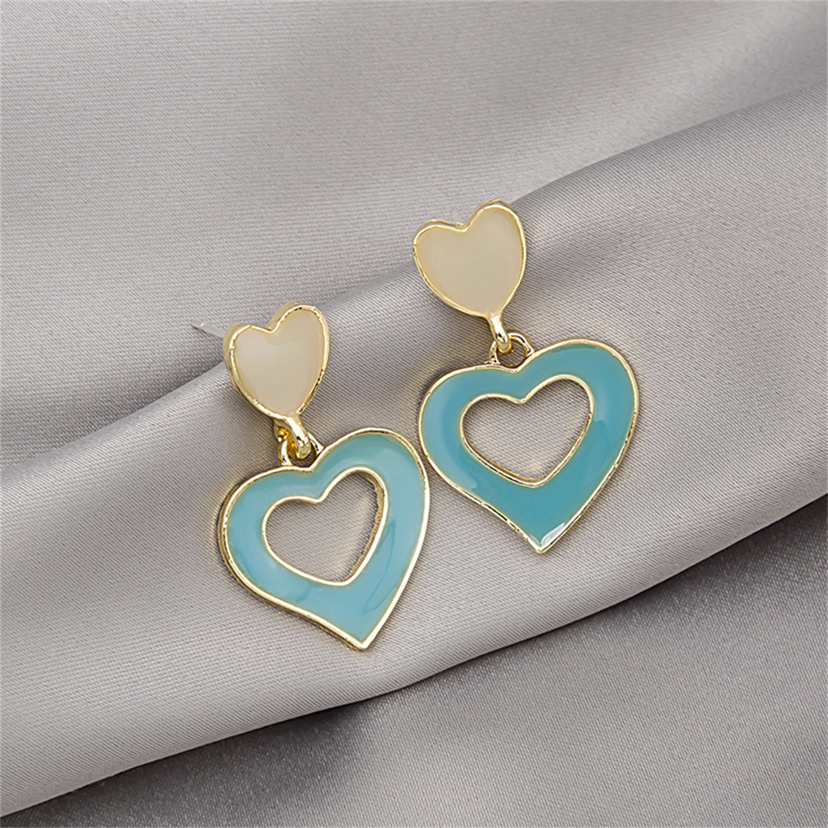 Aqua Enamel & 18K Gold-Plated Open Heart Drop Earrings
