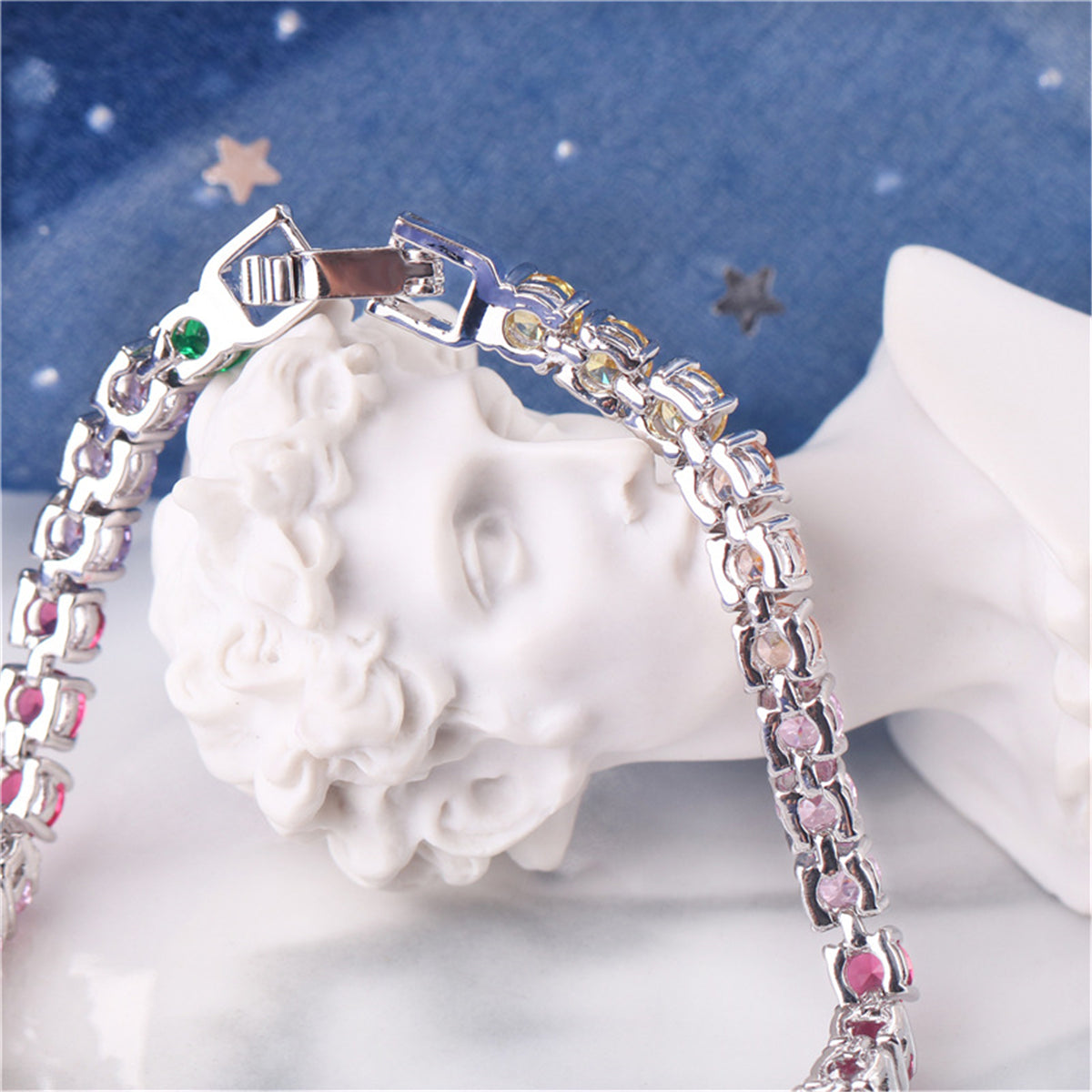 Pink and Purple Crystal Silver-Plated Tennis Bracelet, silver bracelet for women, vintage-inspired design, lifestyle look