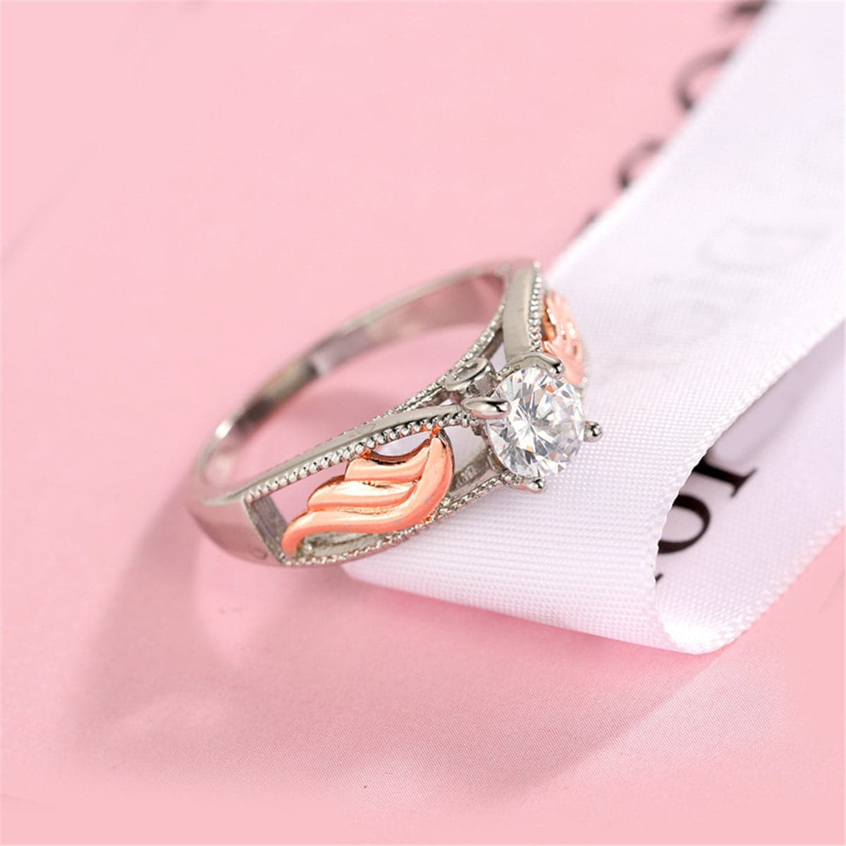Crystal and Two-Tone Floral Ring, jewelry gift sets for women, dainty minimalist design, detail close-up