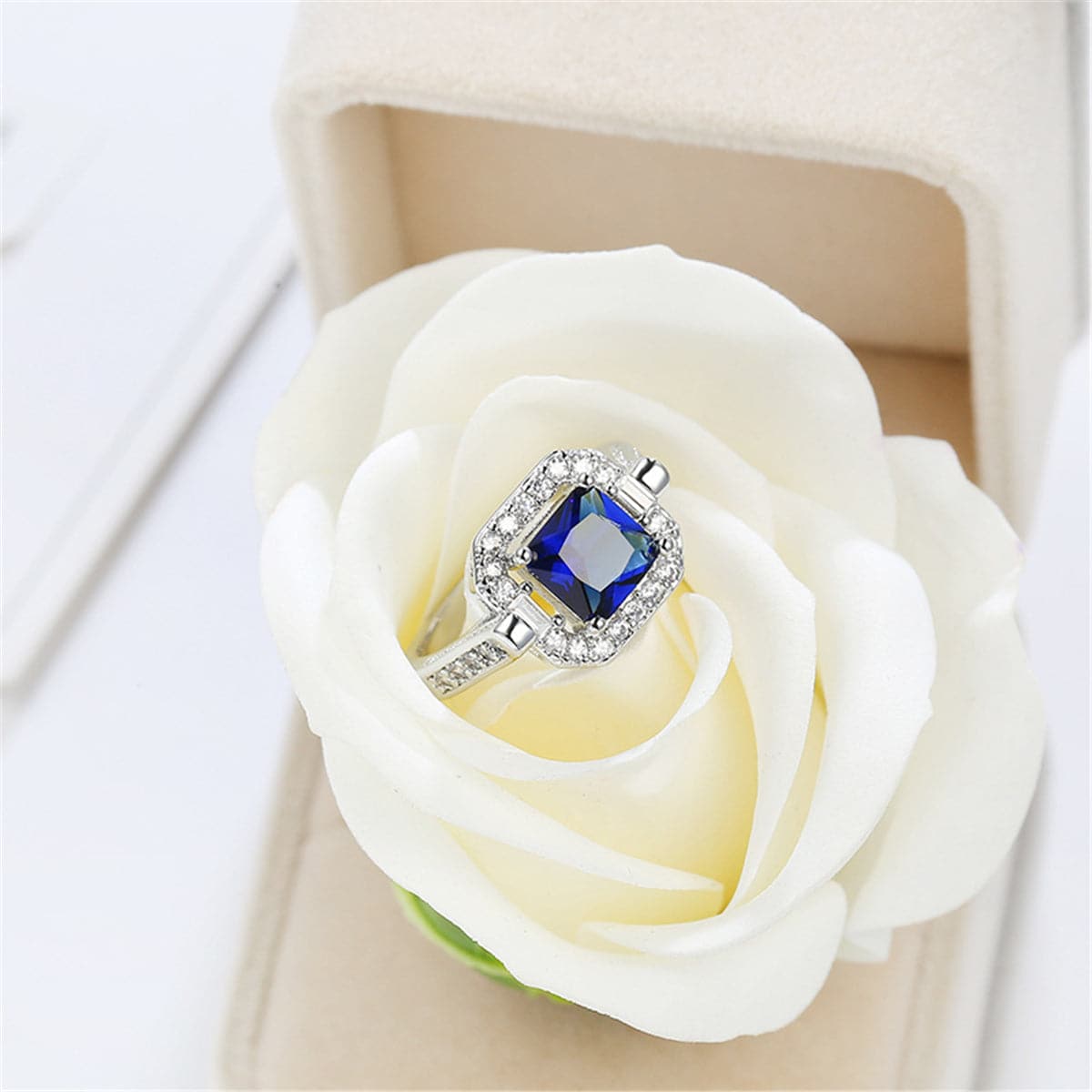 Navy Princess Crystal and Cubic Zirconia Square Halo Ring, statement rings for women, elegant gift for her, front view