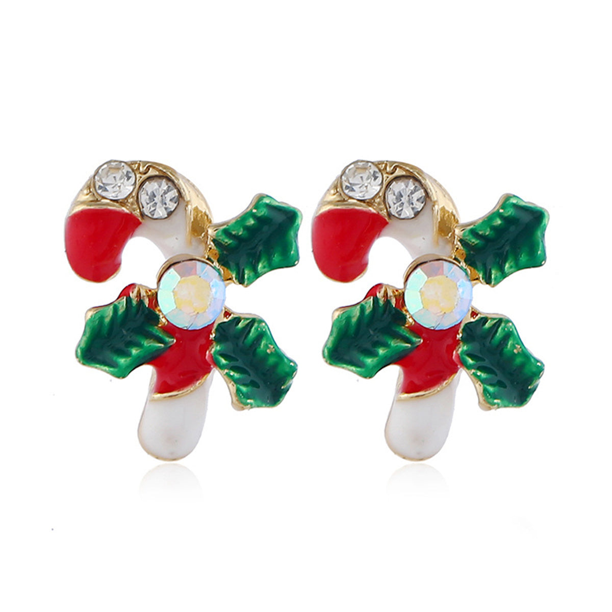 Cubic Zirconia & 18K Gold-Plated Christmas Crutch Stud Earrings