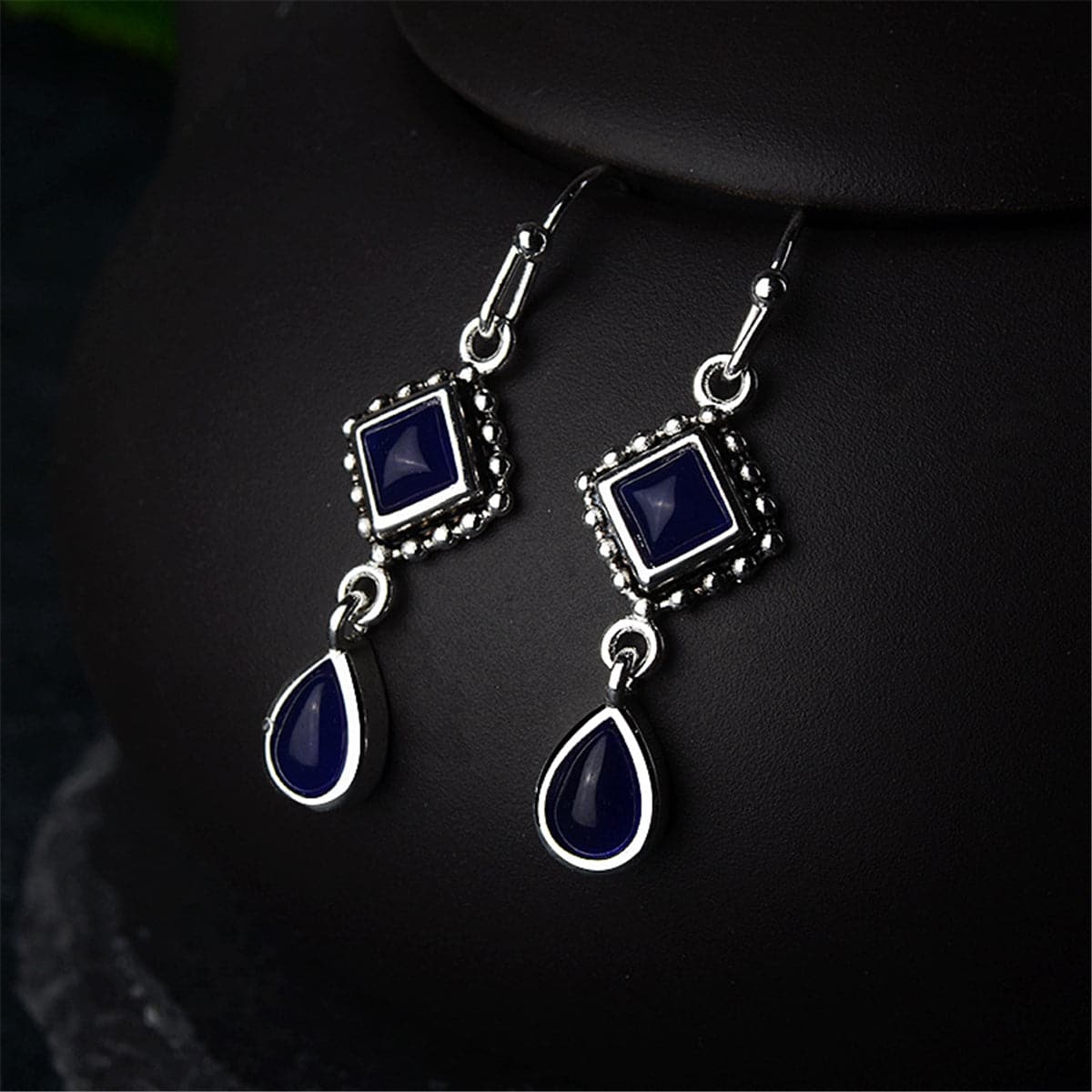 Dark Blue Crystal & Silver-Plated Princess Drop Earrings - streetregion