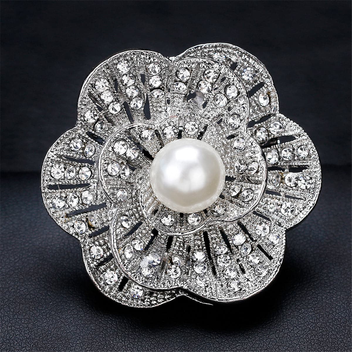 Cubic Zirconia & Silver-Plated Scalloped Flower Brooch