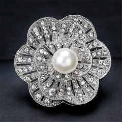Cubic Zirconia & Silver-Plated Scalloped Flower Brooch