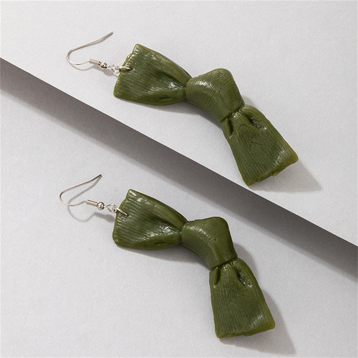 Green Polymer Clay and Silver-Plated Bow Drop Earrings, silver drop earrings for women, everyday style, side view