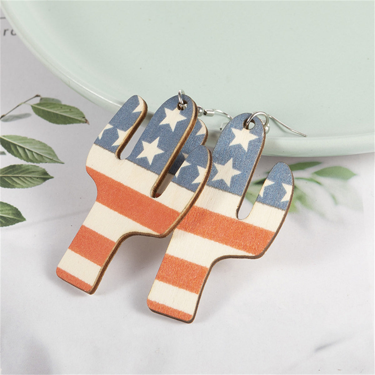 Blue & Red Polystyrene Stars & Stripes Cactus Drop Earrings