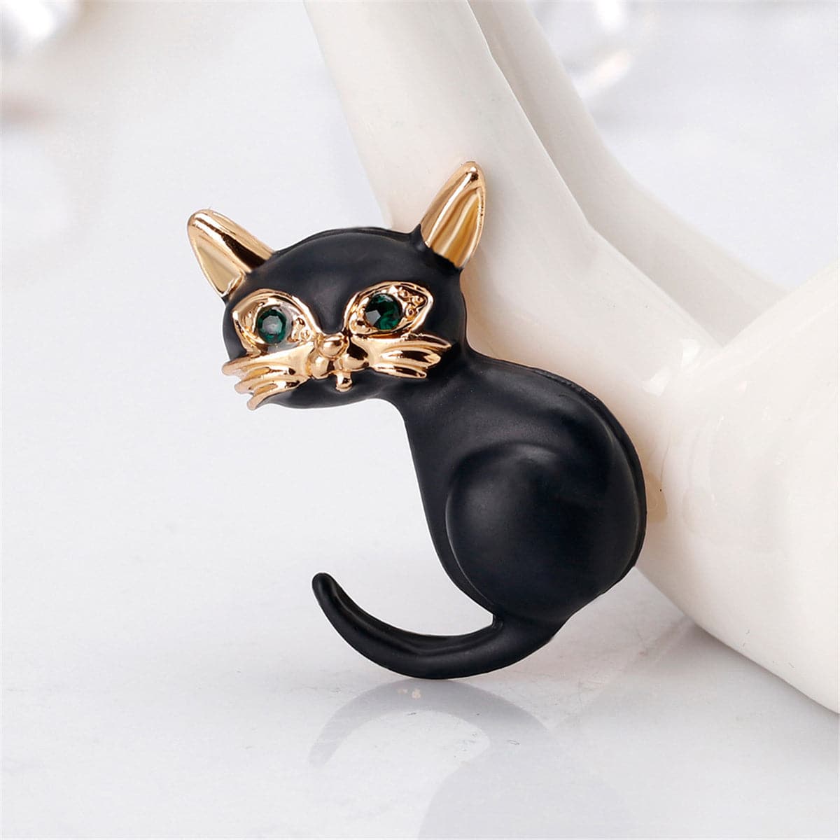 Green Cubic Zirconia & 18K Gold-Plated Kitty Brooch