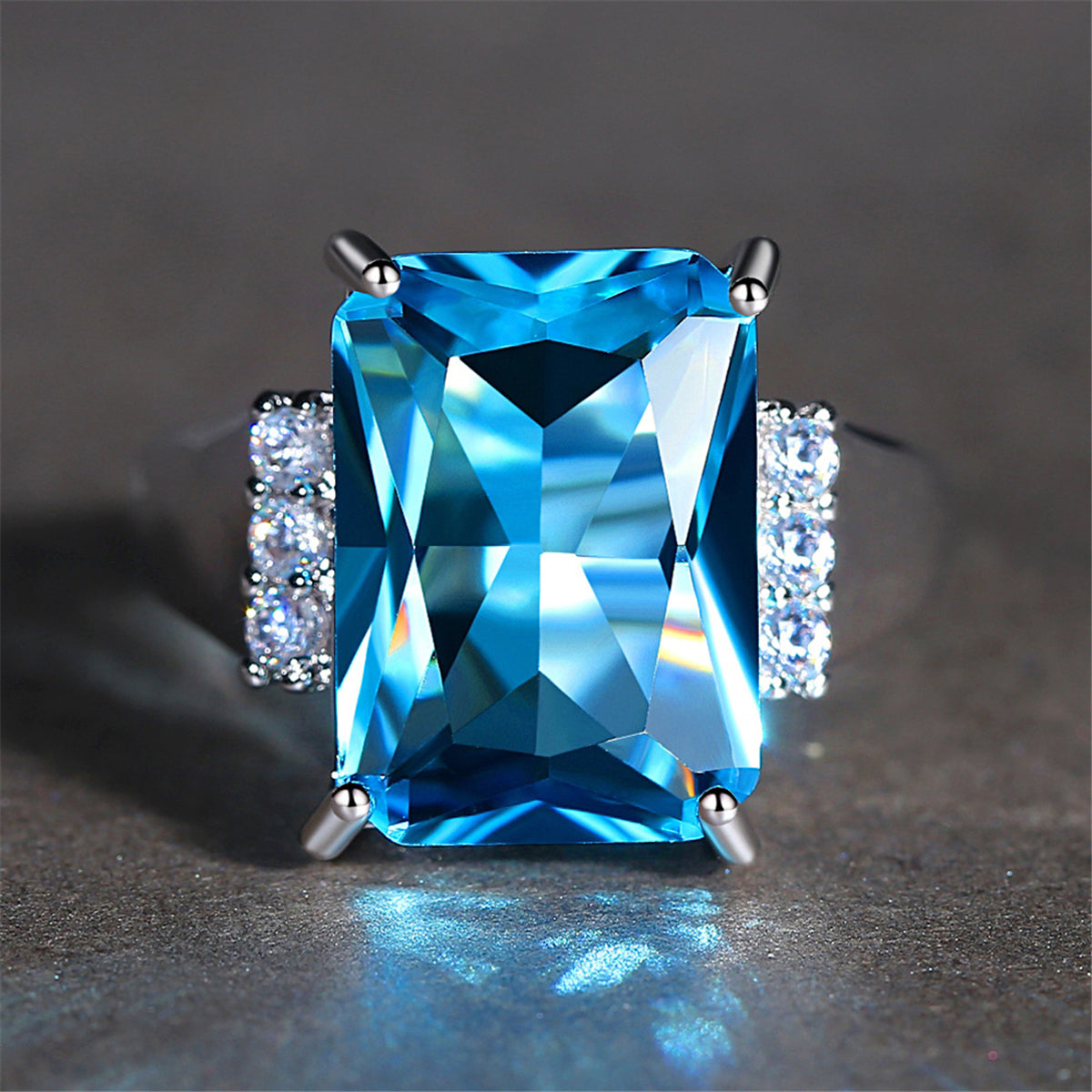 Blue Crystal and Cubic Zirconia Princess-Cut Ring, statement rings for women, botanical inspired, lifestyle look