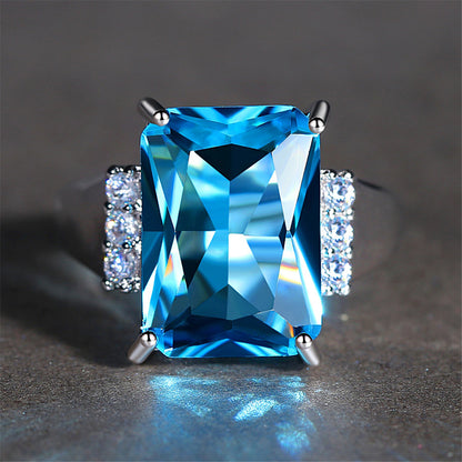 Blue Crystal and Cubic Zirconia Princess-Cut Ring, statement rings for women, botanical inspired, lifestyle look