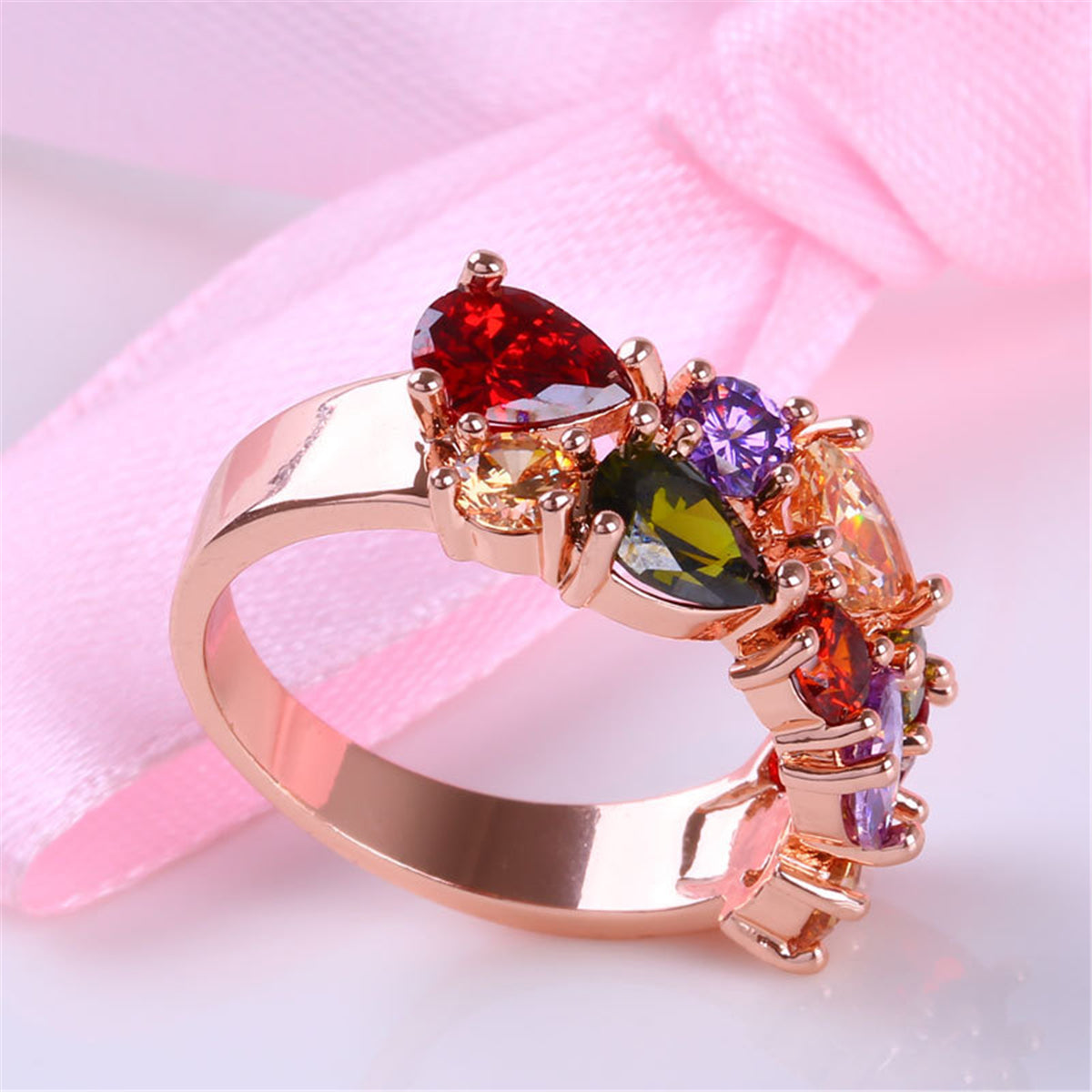 Crystal & 18K Rose Gold-Plated Pear-Cut Cluster Ring